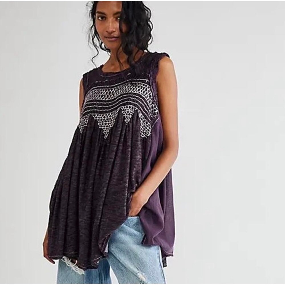 Free People Sea Breeze Dark Purple S Sleeveless Tunic Tank Boho Grunge Oversized